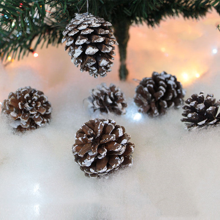 Six white non woven pine cone Christmas ornaments, 2.4 inches each
