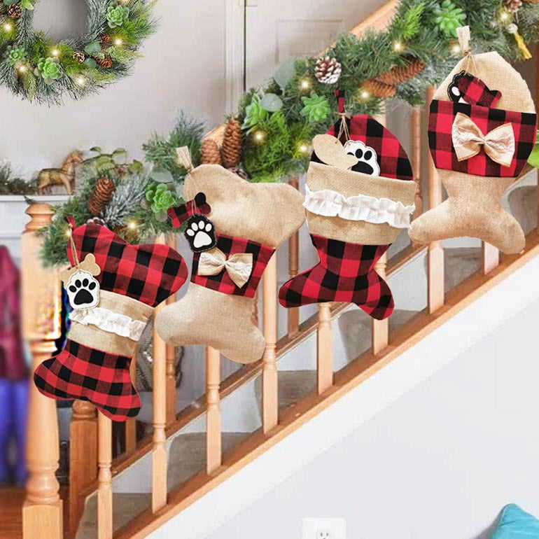 Bone and fish pet stockings in check and linen finishes
