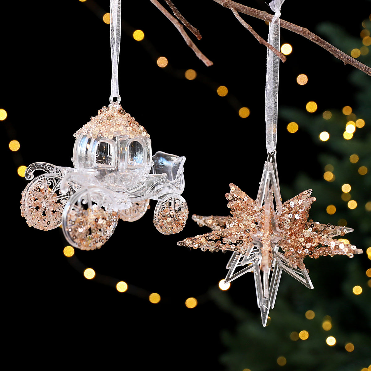 Acrylic bow Christmas ornament covered in small transparent sequins