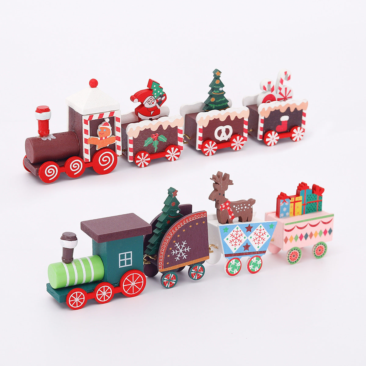 White painted wooden Christmas train shown at its full length
