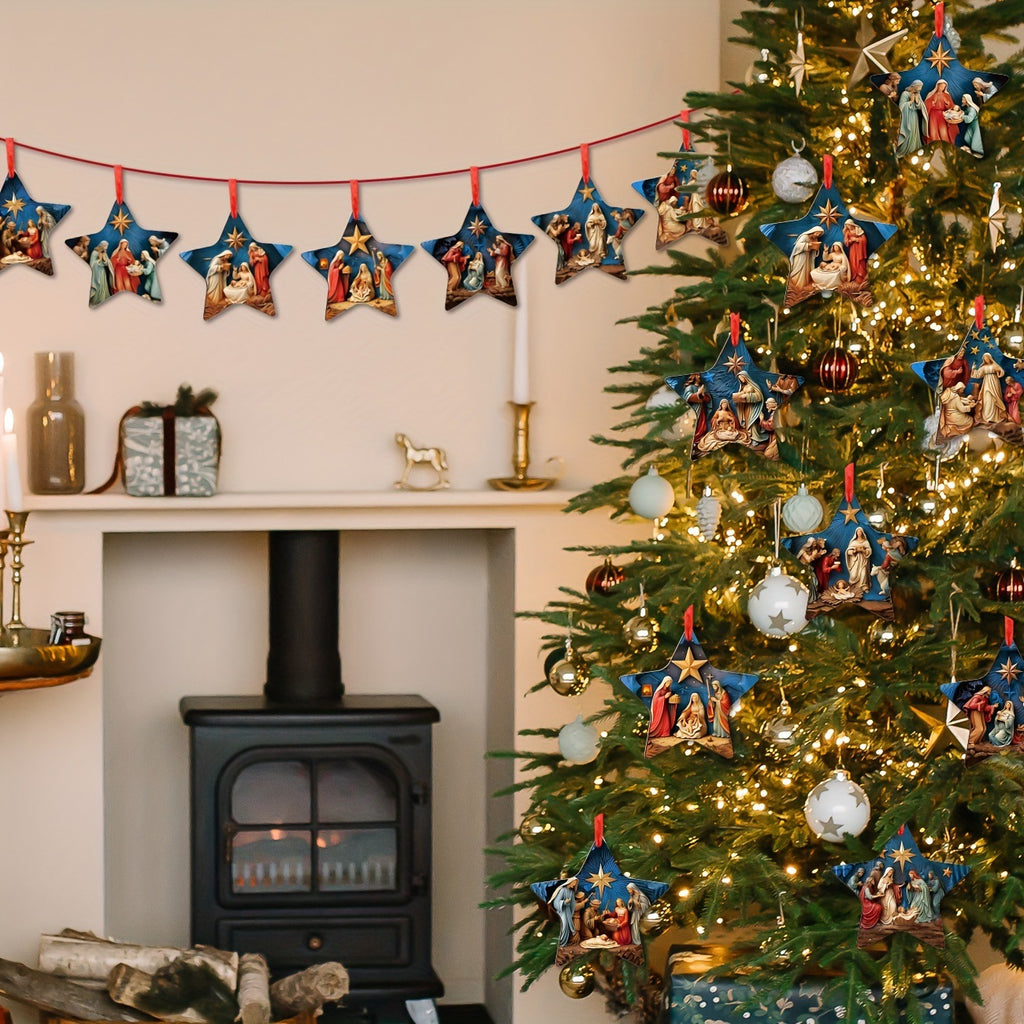 Wooden Christmas ornaments cut as flat hanging tree pendants