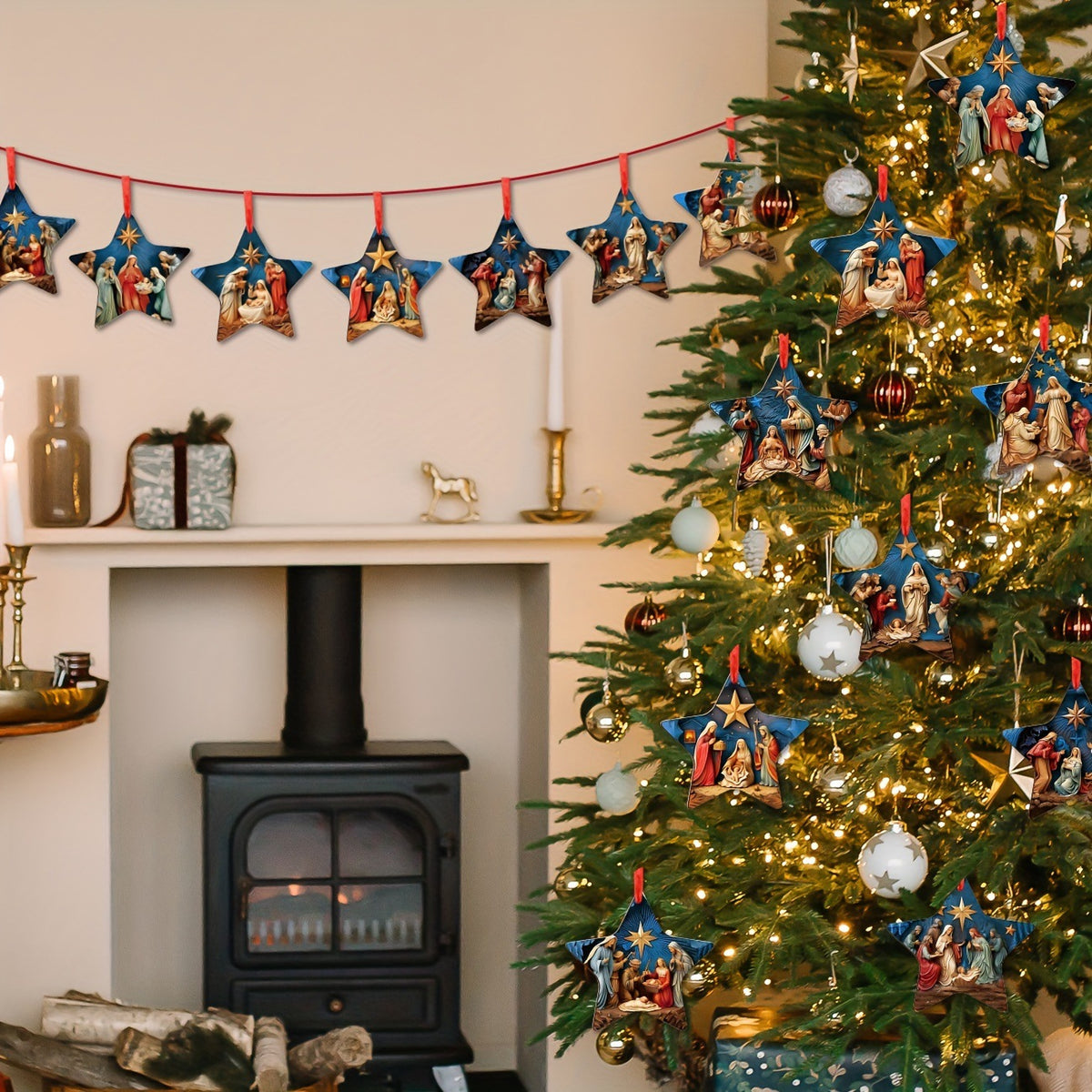 Wooden Christmas ornaments cut as flat hanging tree pendants