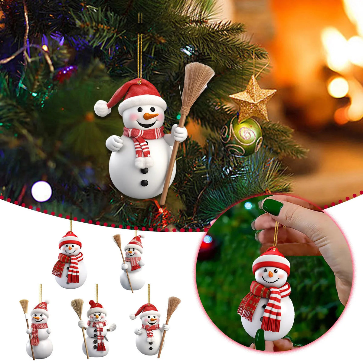 White acrylic snowman Christmas tree ornament with a hanging loop