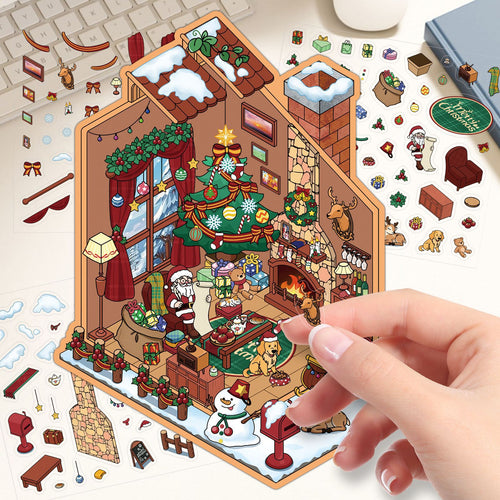 Layered 3D Christmas sticker set with a printed house base card
