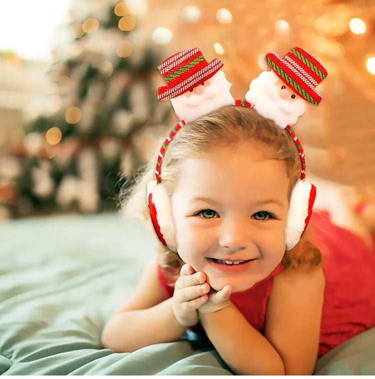Christmas earmuff headband with reindeer antlers on a flexible one size band