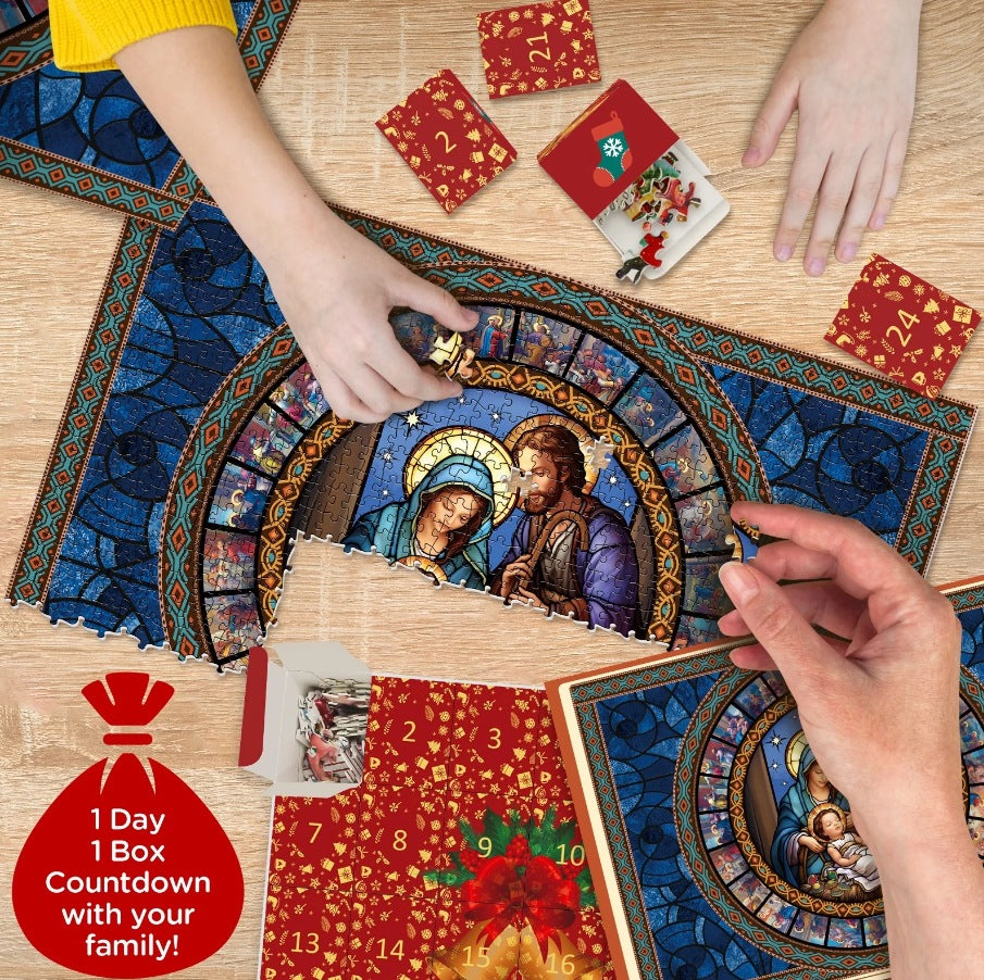 Paper advent calendar puzzle printed with a nativity design