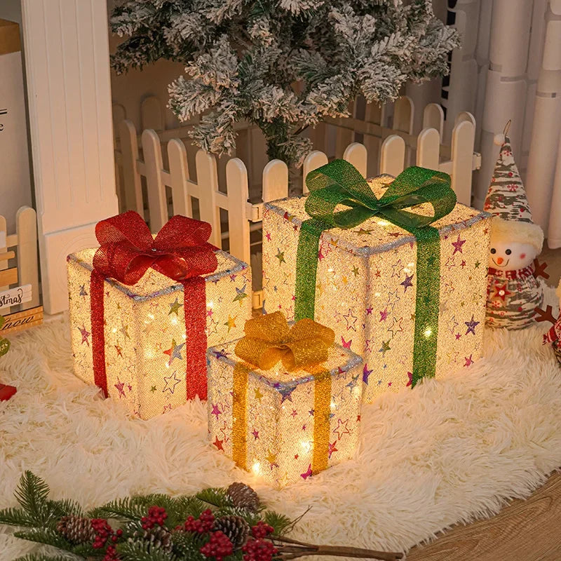 Fabric covered gift box lights shown with the pattern in daylight