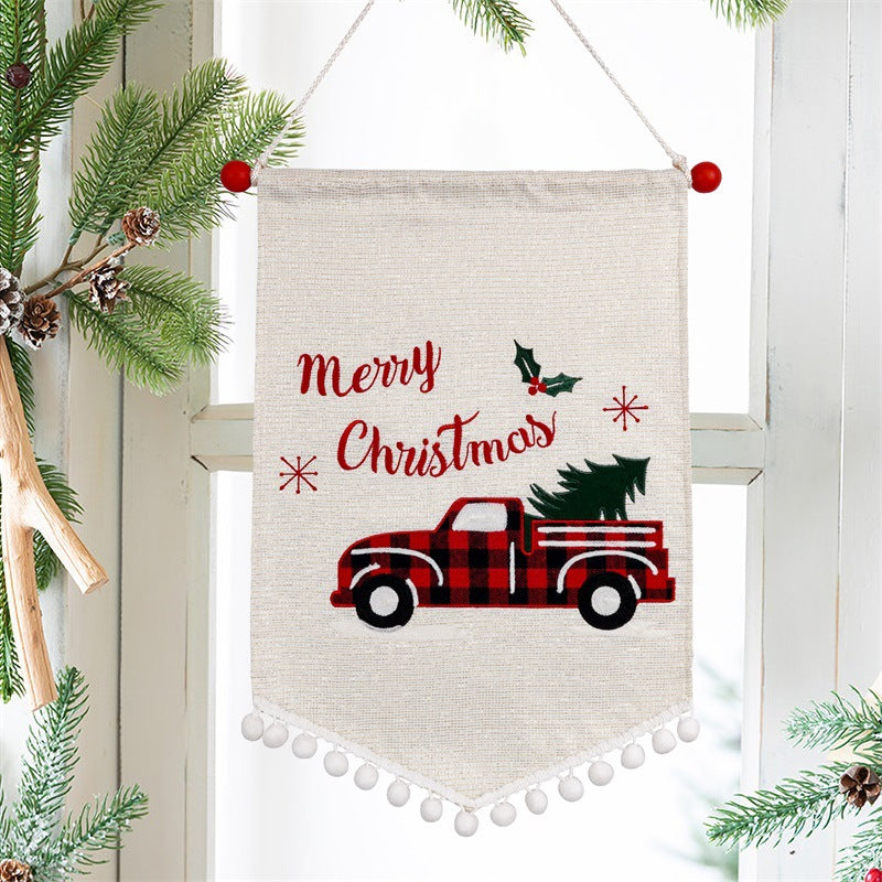 Red and black plaid Christmas tree wall flag in non-woven fabric