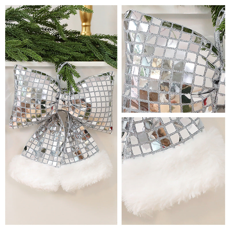Medium silver Christmas bow in sequinned fabric, sold as one bow