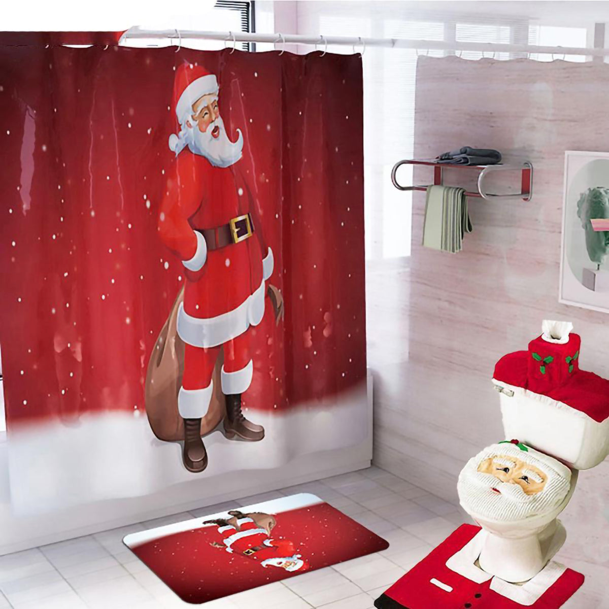 Christmas bathroom set with shower curtain, toilet cover and floor mat