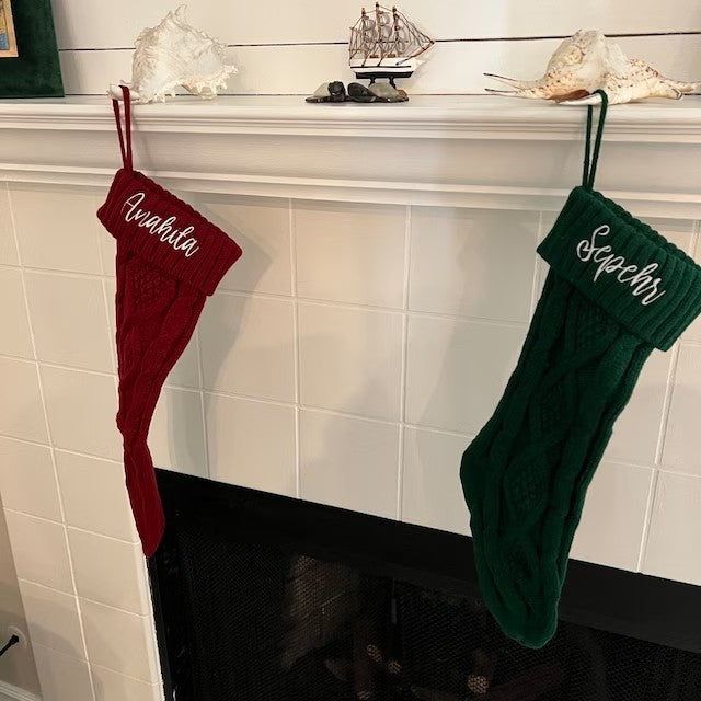 Gray knit Christmas stocking, one of four colors in the range