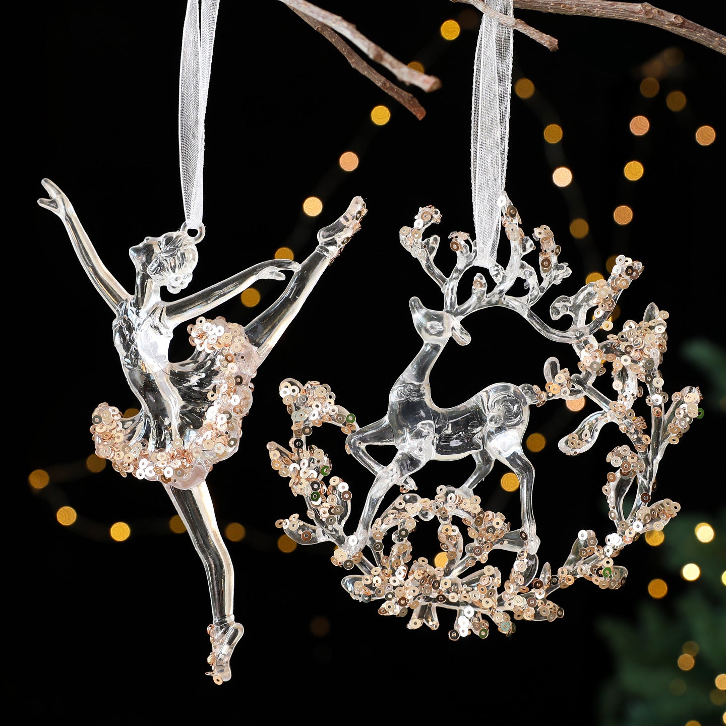 Clear acrylic reindeer garland ornament covered in transparent sequins