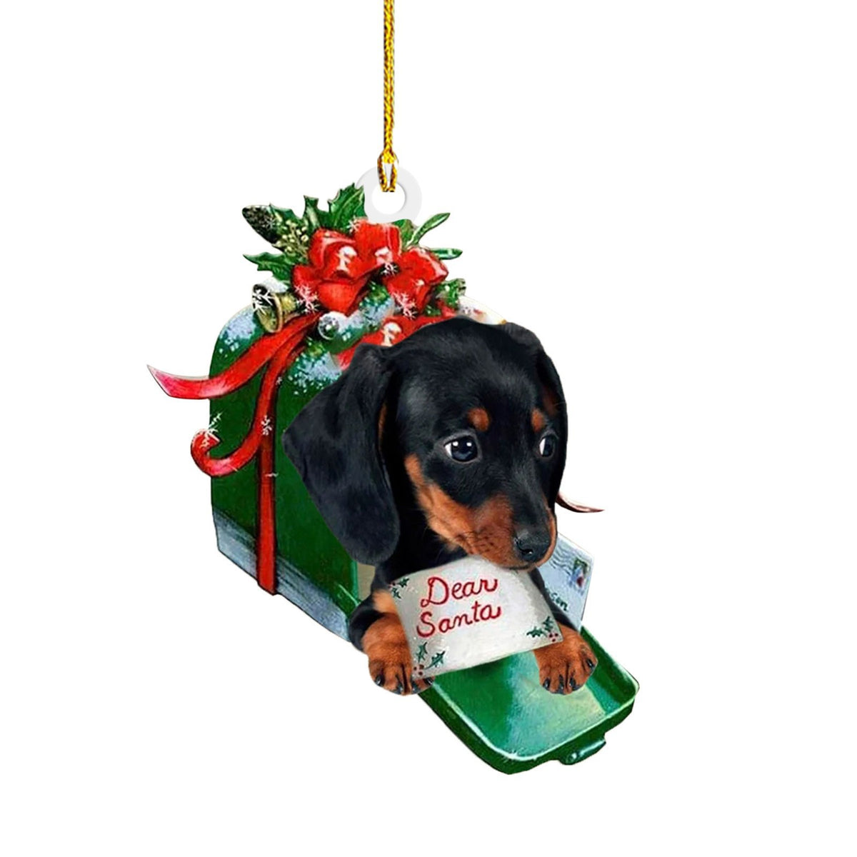 Dachshund Christmas ornaments available in eight printed acrylic designs