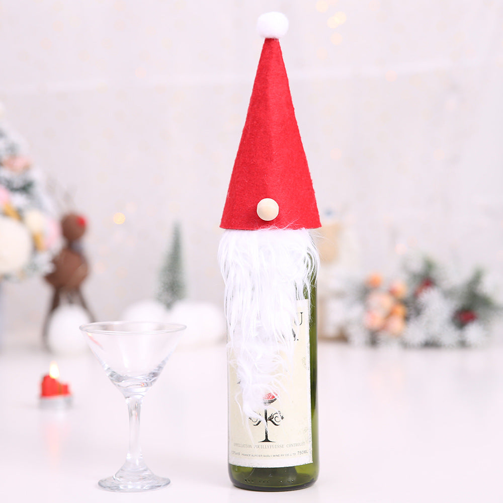 Sewn Christmas wine bottle cover with an artificial wool trim over cloth