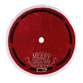 Classic red cloth tree skirt that covers a tree stand