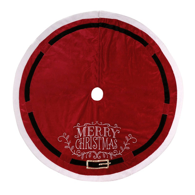 Classic red cloth tree skirt that covers a tree stand