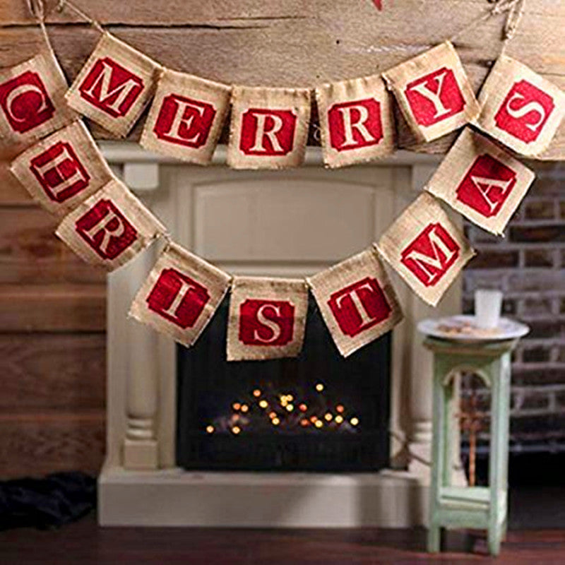 Burlap bunting flag measuring about 4.7 by 5.1 inches