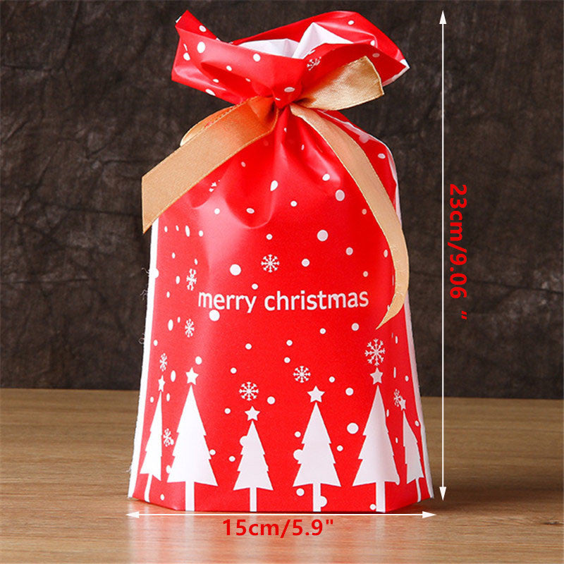 Drawstring cord pulls the Christmas gift bag closed without tape