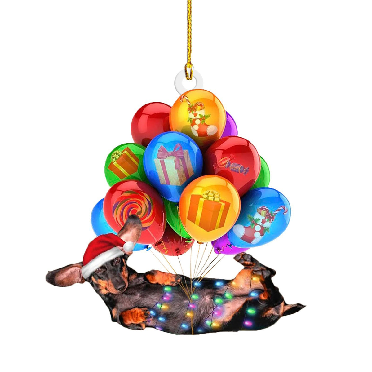 Design 4 acrylic sausage dog Christmas decoration with a crisp printed outline
