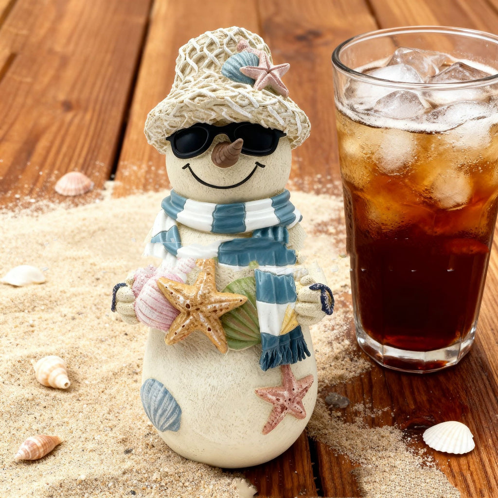 Molded resin detail across the beach snowman Christmas figure
