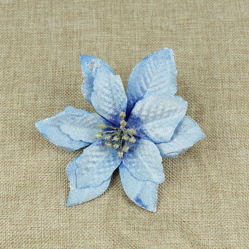 Purple Christmas flower pick with layered cloth petals and gold glitter edging