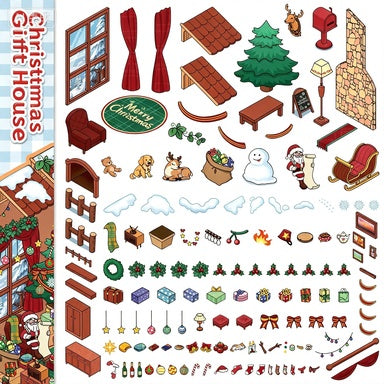 Christmas sticker sheet printed with a tree, reindeer and fireplace pieces