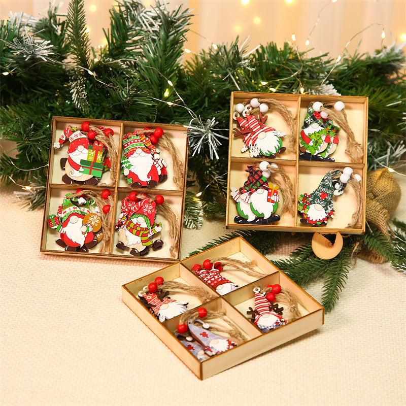 Painted wooden Christmas tree pendants printed in bright holiday colors