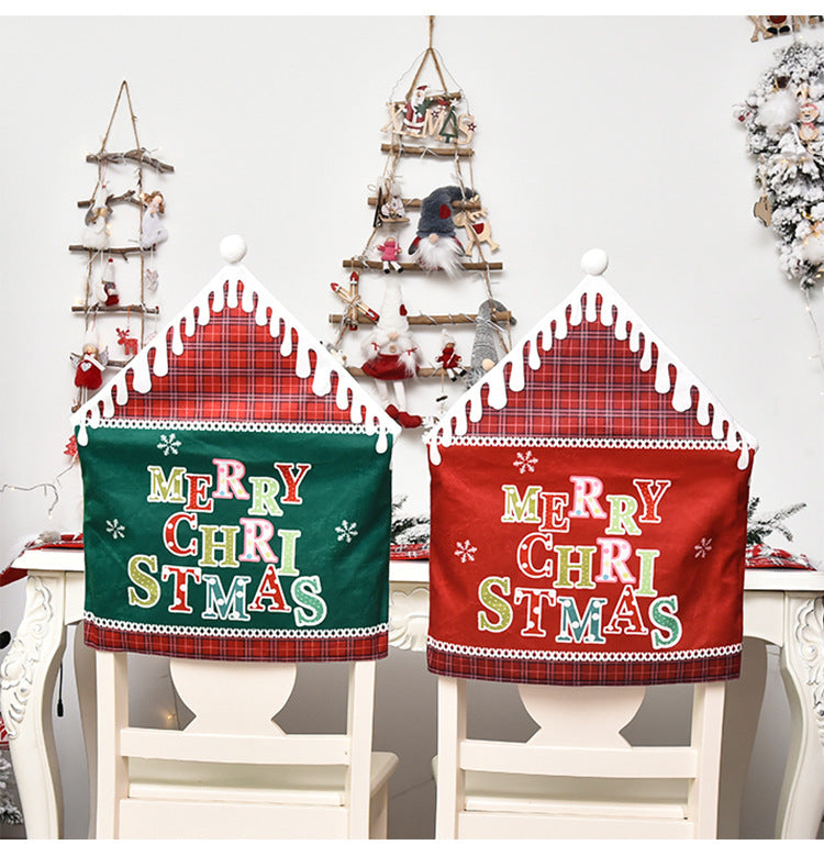 Green Christmas chair back cover printed with holiday lettering