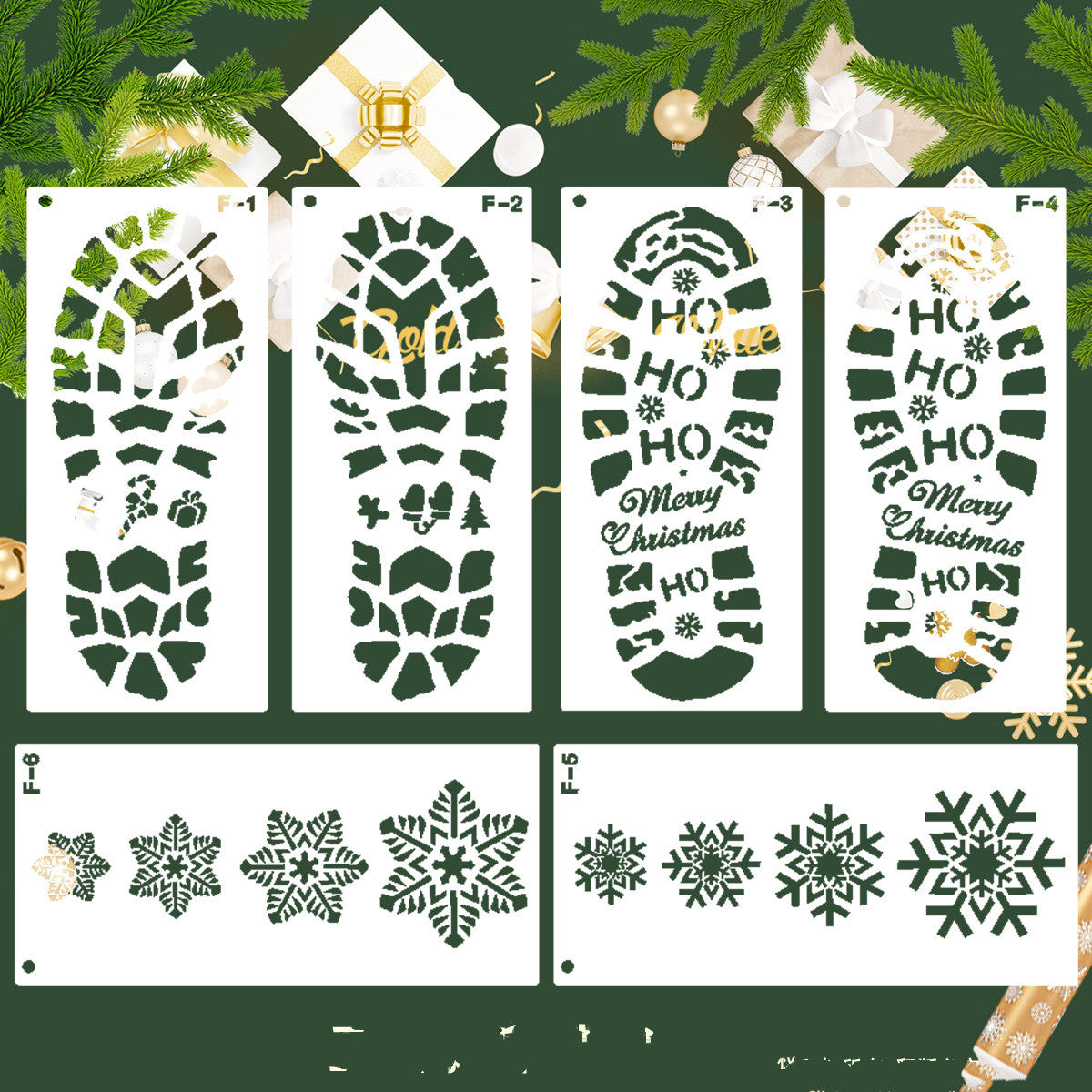 Reindeer and boot stencil shapes offered in this Christmas template range