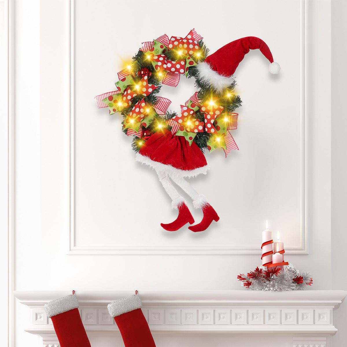 Green long leg elf Christmas hanging decoration with built in lights