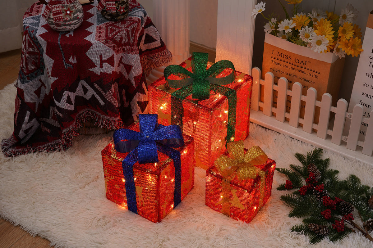 Red, green and white striped LED Christmas gift box design