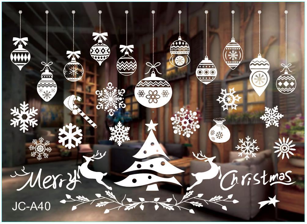 Color and white frosted Christmas window cling designs in one range
