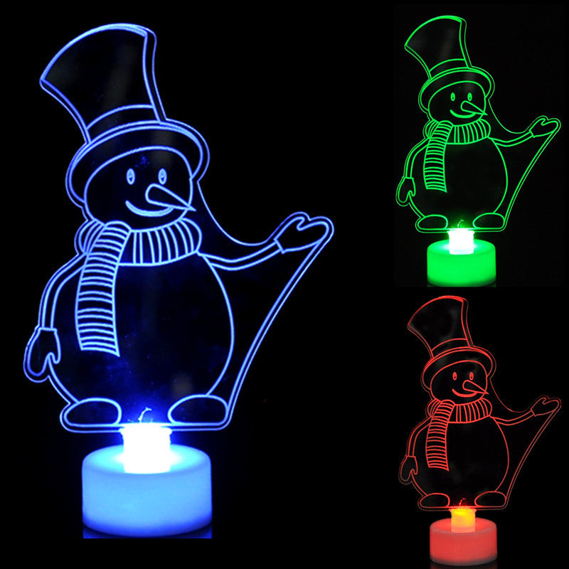 Snowman shaped acrylic Christmas light with an automatic color changing base