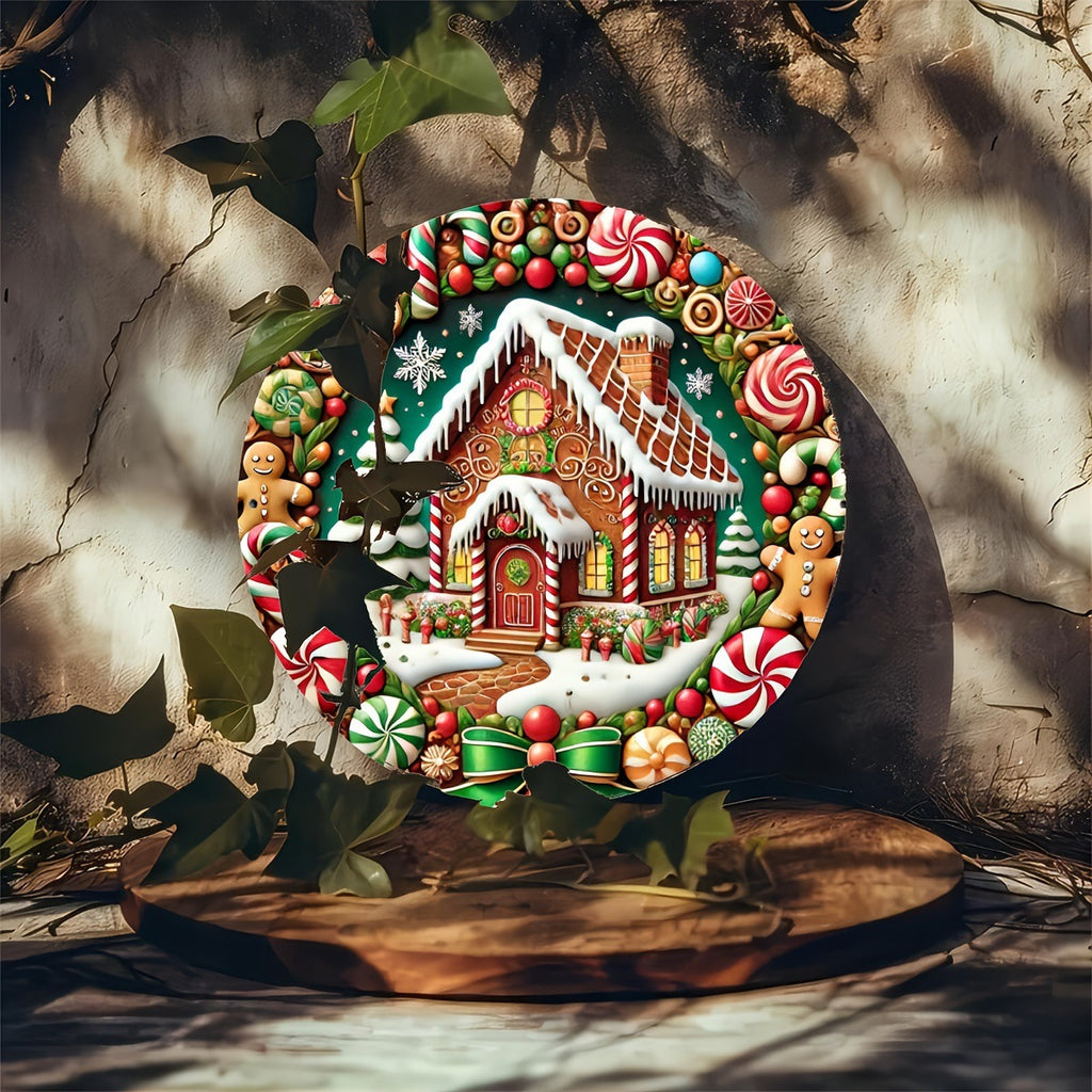 Round boxwood Christmas door sign with a gingerbread house design