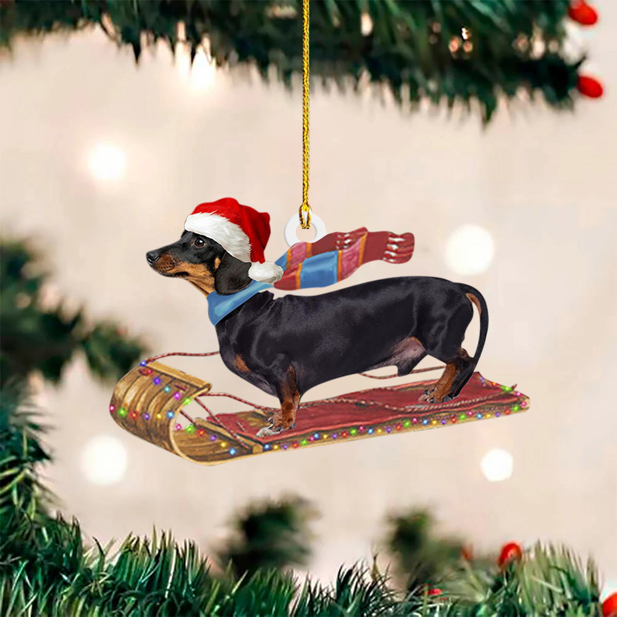Design 1 printed acrylic dachshund Christmas ornament, 3.1 inches tall