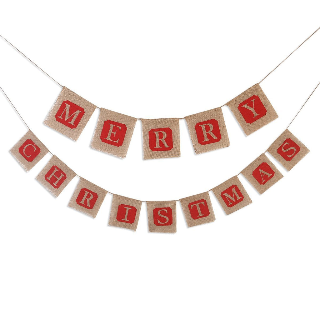 Rustic burlap Merry Christmas bunting strung along a length of hanging cord
