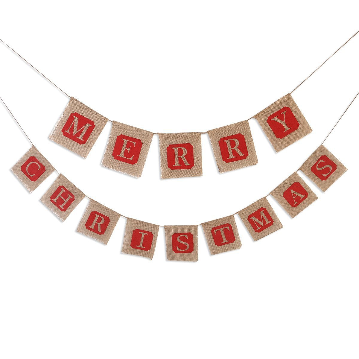Rustic burlap Merry Christmas bunting strung along a length of hanging cord