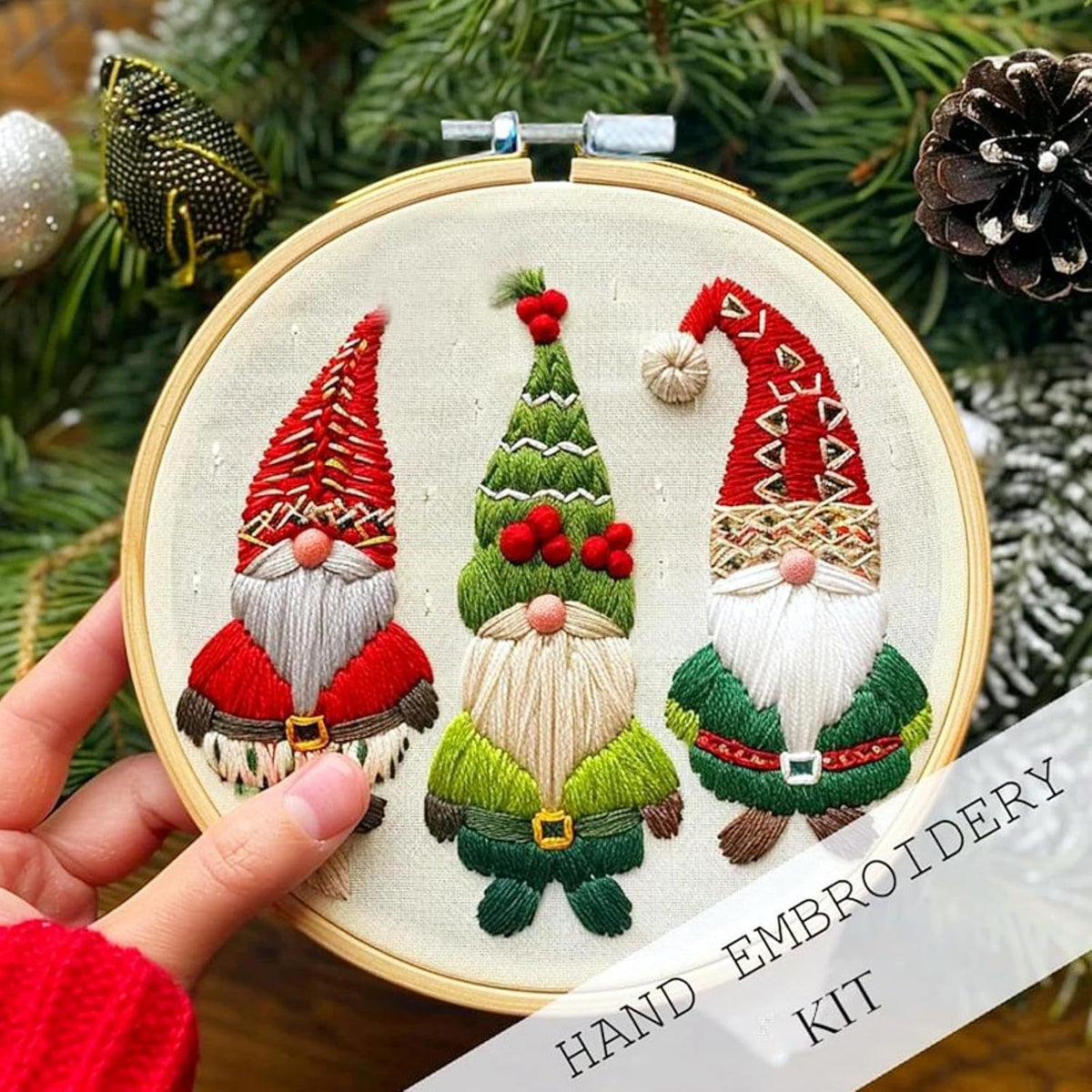 Christmas embroidery kit built on a cotton and linen panel