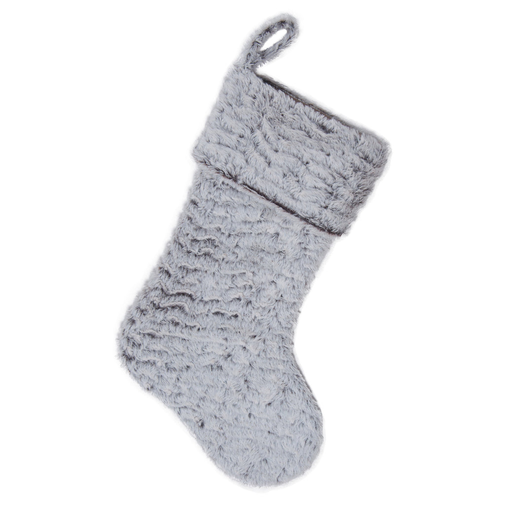 Gray flannel Christmas stocking measuring 11.4 by 17.3 inches