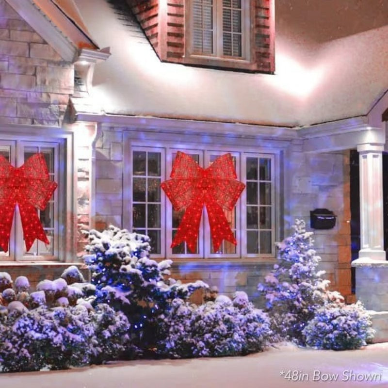Red satin Christmas bow with a built-in illuminated unit