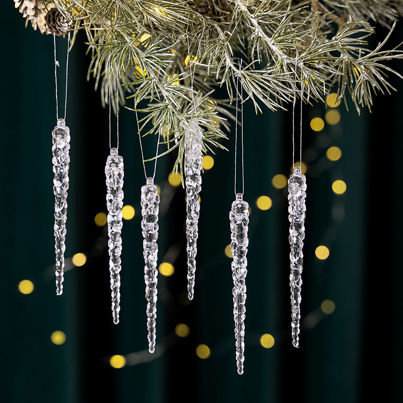 Clear acrylic icicle Christmas tree ornament with a crushed ice surface