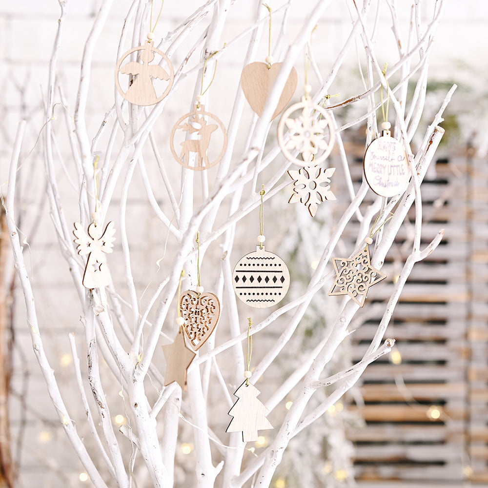 Small carved wood Christmas tree pendant, one of six shapes