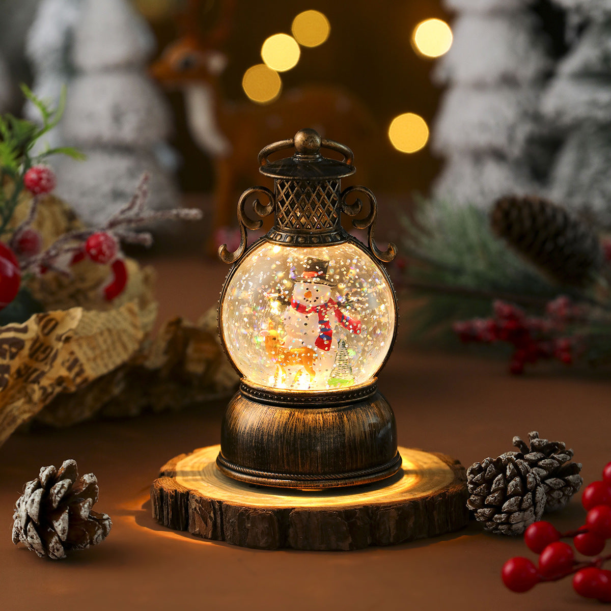 Christmas snow globe lantern supplied with a USB cable for power