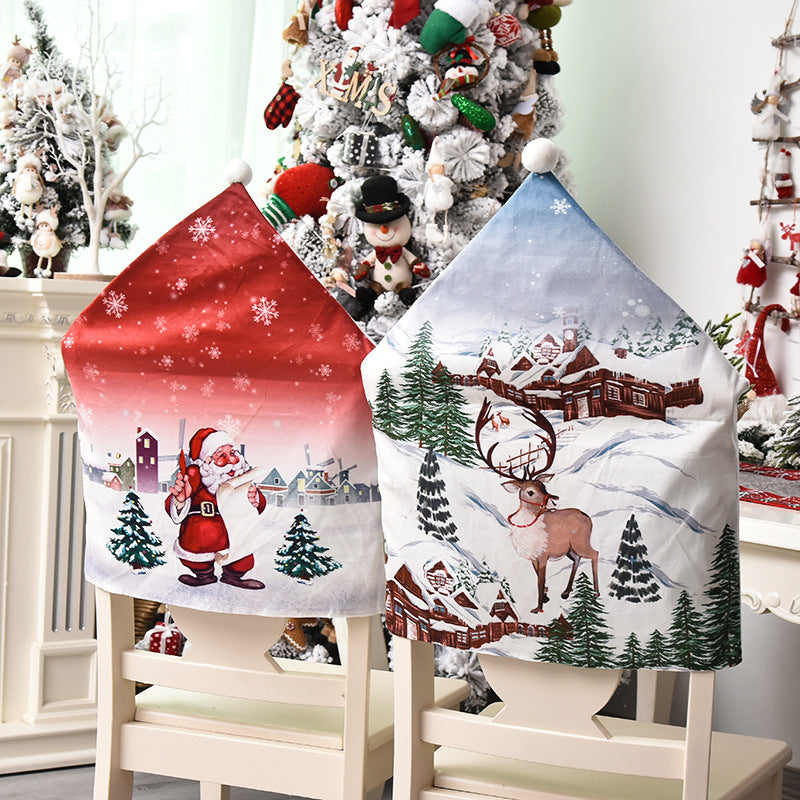 Red cartoon print Christmas chair back cover in velvet fabric