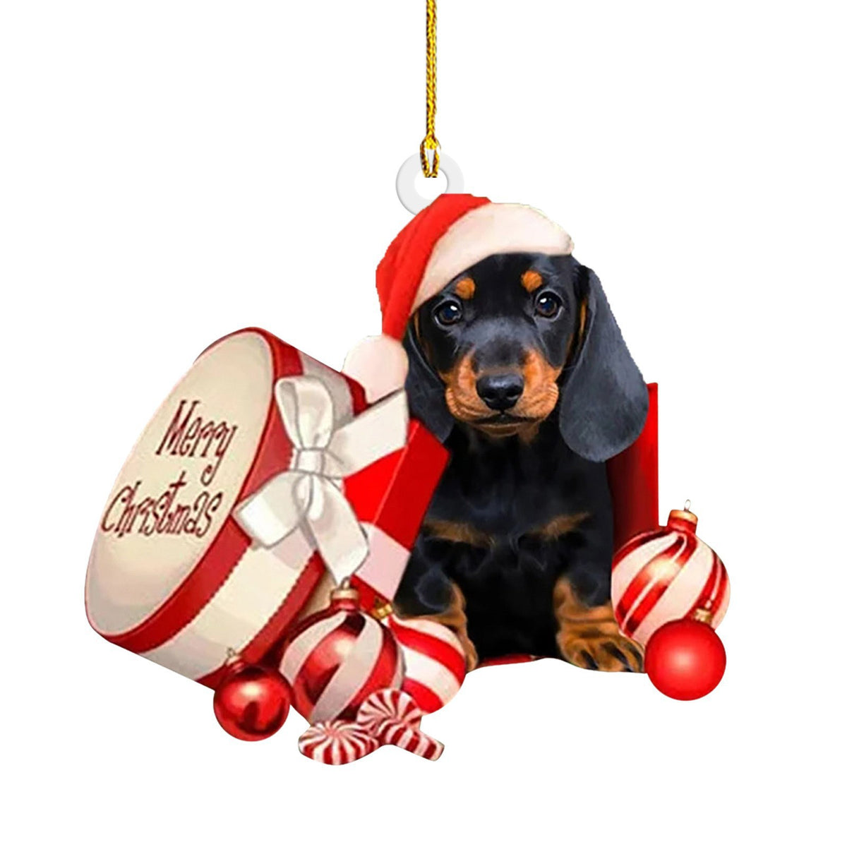 Printed cartoon artwork on an acrylic dachshund Christmas ornament