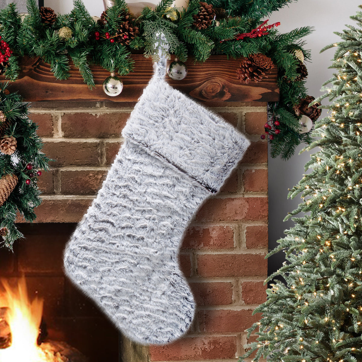 Gray fluffy flannel Christmas stocking with a soft fleece surface