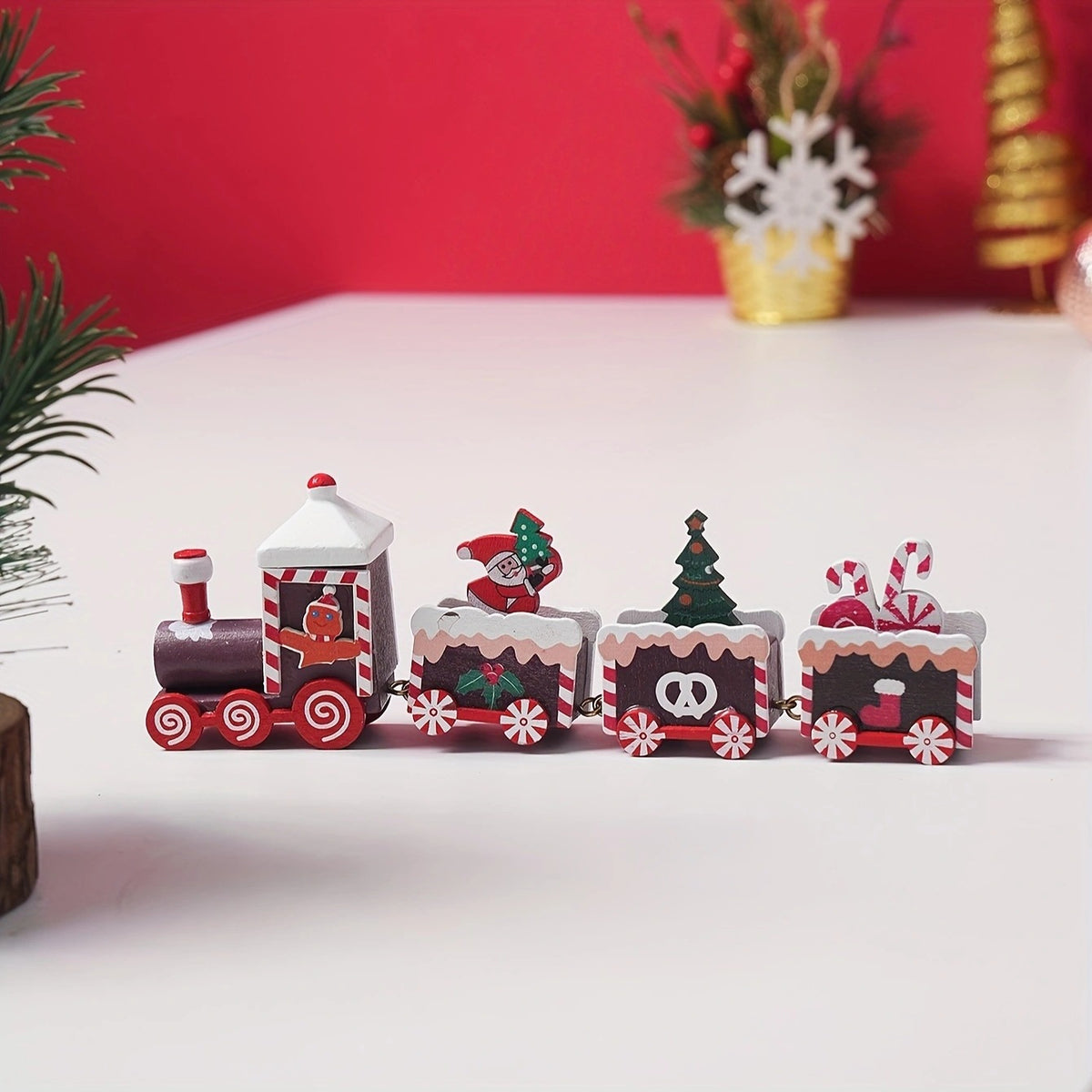 Small wooden Christmas train, compact enough to drop into a stocking