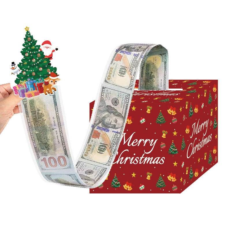 Printed holiday design across the front panel of the red money box