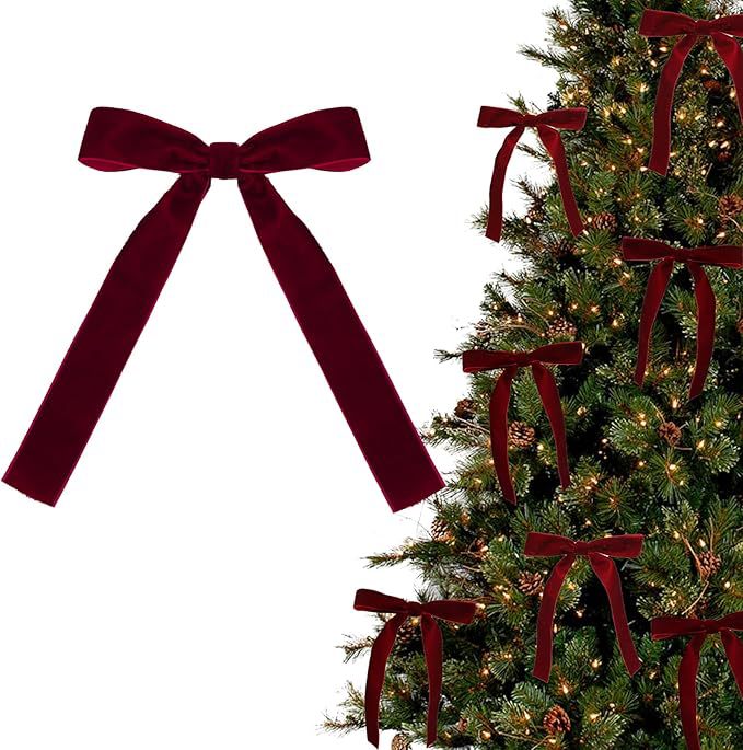 Red velvet bow Christmas ornaments for tying onto tree branches