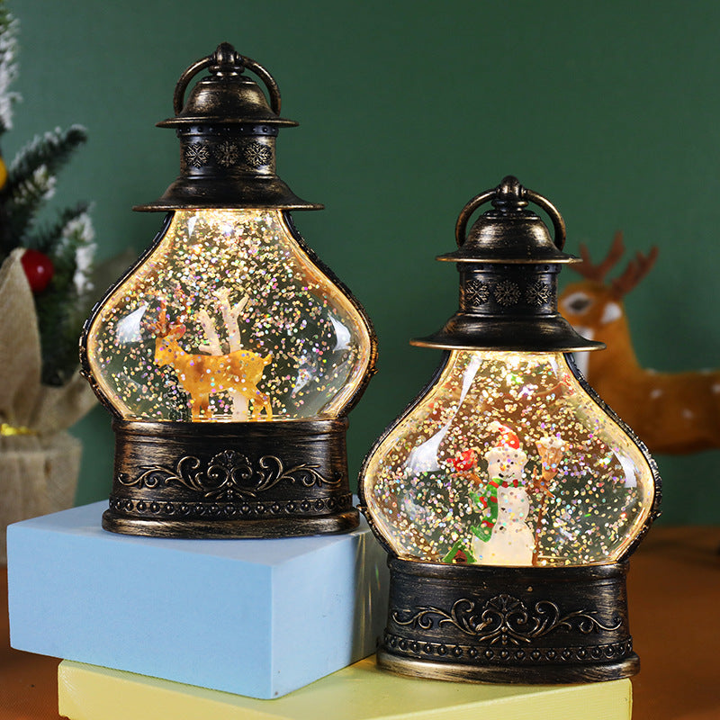 Reindeer cartoon figure inside a plastic Christmas snow globe